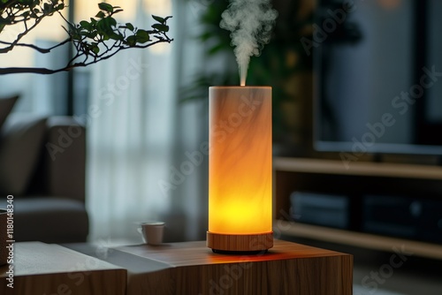 Modern aroma diffuser emitting fragrant steam in a cozy living room photo