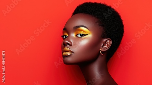 A woman with bright makeup on a red background