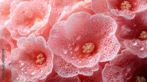 Pink Blossom Dew Drops: A Close-Up Macro Photograph of Delicate Pink Flowers with Sparkling Dew Drops.  A Stunning Floral Image Perfect for Spring or Summer Themes. 