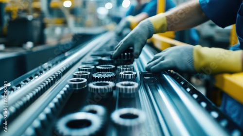 Factory Workers Aligning Parts on Conveyor Belt