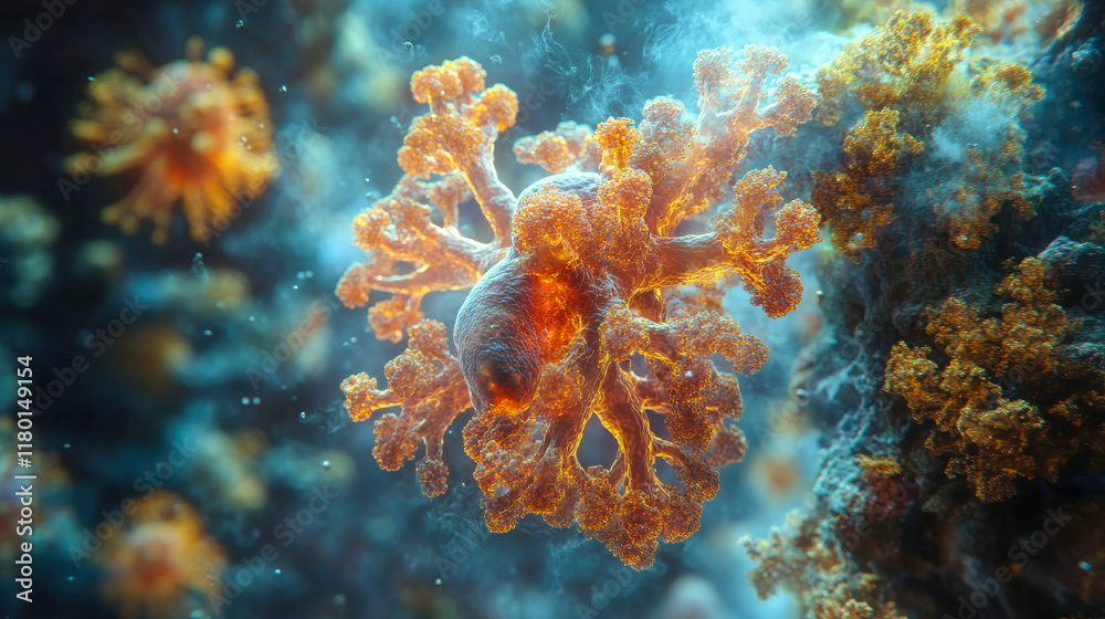 Magnified structure of a bacteria colony, highlighting intricate textures and glowing orange and blue patterns in a scientific visualization Magnified structure of a bacteria colony, highlighting intricate textures and glowing orange and blue patterns in a scientific visualization