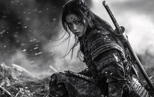 Black-and-White Portrait of a Female Samurai in Traditional Armor Holding a Katana, Capturing Strength, Honor, and Japanese Warrior Spirit photo