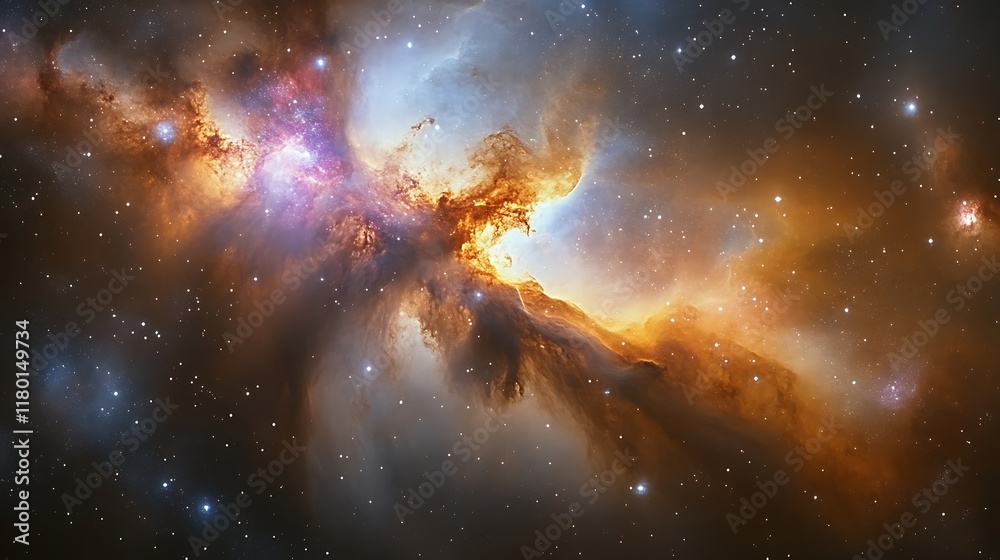 Cosmic nebula with vibrant orange and blue hues, scattered stars. Cosmic nebula with vibrant orange and blue hues, scattered stars.