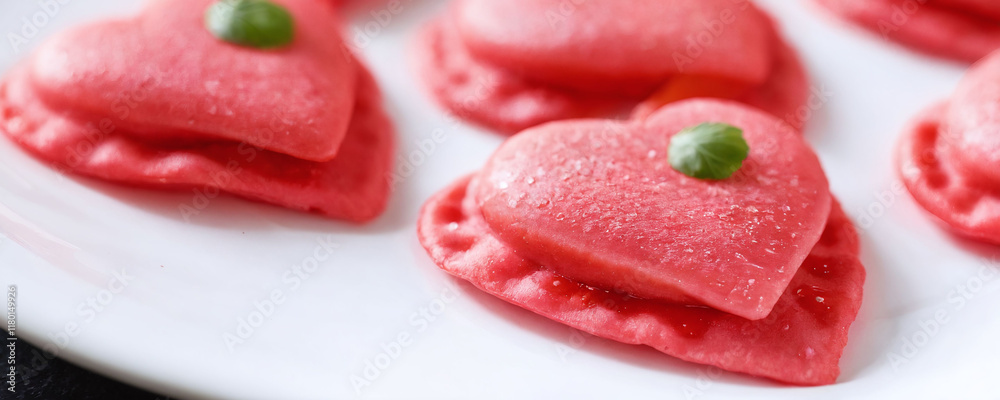Heart-shaped ravioli arranged on a white plate for a festive occasion or celebration. Valentine’s Day idea, date, engagement party, love party, eat, food Heart-shaped ravioli arranged on a white plate for a festive occasion or celebration. Valentine’s Day idea, date, engagement party, love party, eat, food