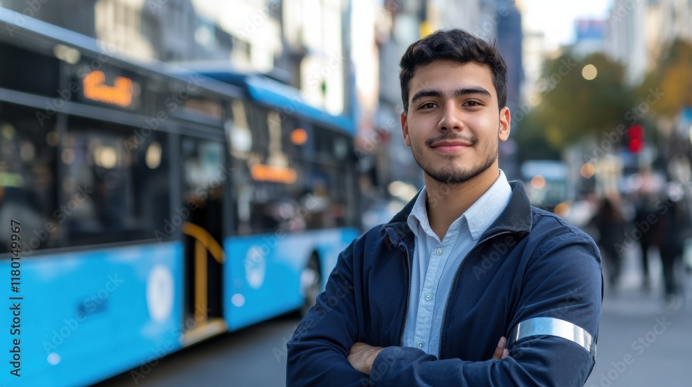 Obraz premium Confident young man standing on urban street with blue bus in background