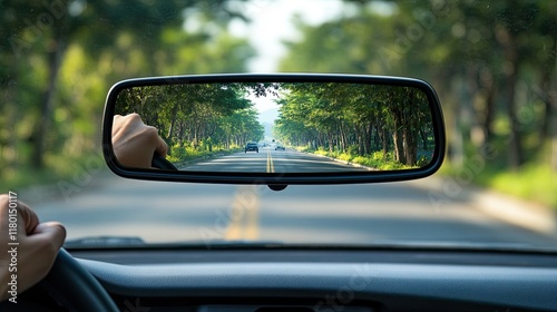 A person adjusting the car  rear-view mirror while driving on a highway. photo