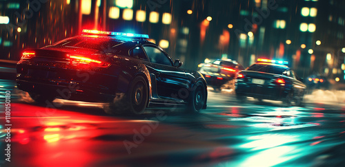 Police car speeding through wet city streets at night, neon lights reflecting in dramatic motion.