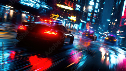 Obraz na płótnie High-speed police chase on neon-lit wet city streets at night with dynamic reflections and tension w salonie