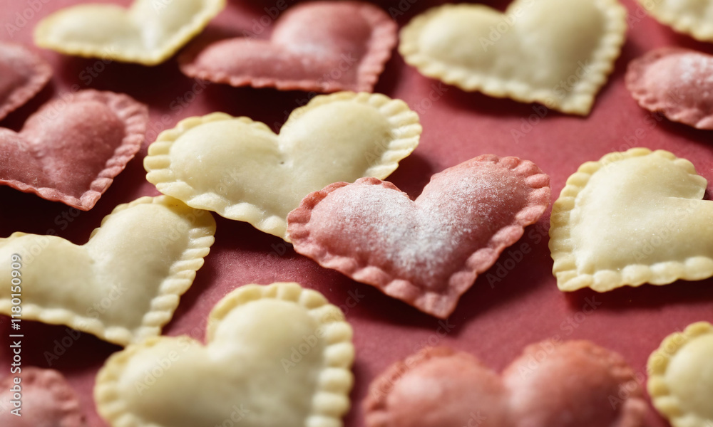 Heart-shaped ravioli arranged in a charming display for a romantic occasion or personal celebration. Valentine’s Day idea, date, engagement party, love party, eat, food Heart-shaped ravioli arranged in a charming display for a romantic occasion or personal celebration. Valentine’s Day idea, date, engagement party, love party, eat, food