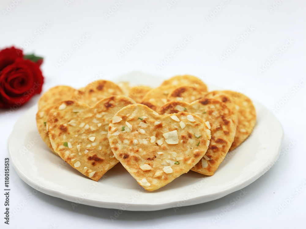 Heart-shaped tortilla with almonds on a white plate, decorated with a rose nearby. Valentine’s Day idea, date, engagement party, love party, eat, food