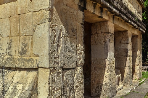 Bas-reliefs and columns decorating the temple of the warriors in chichén itzá