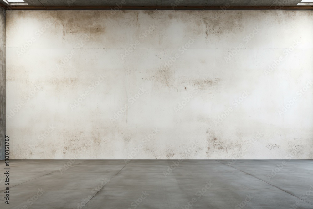 Spacious industrial room with a large blank wall, concrete floor, and natural light perfect for showcasing designs or products