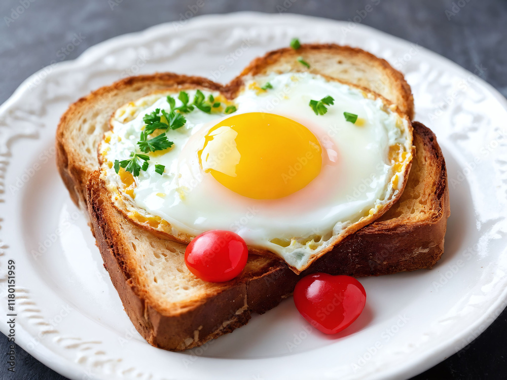 Breakfast includes heart-shaped toast with fried egg, cherry tomatoes, and fresh herbs on a white plate at a cozy kitchen setting. Valentine’s Day idea, date, engagement party, love party, eat, food Breakfast includes heart-shaped toast with fried egg, cherry tomatoes, and fresh herbs on a white plate at a cozy kitchen setting. Valentine’s Day idea, date, engagement party, love party, eat, food