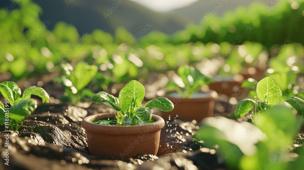 Young plants growing in pots on a farm with a lush landscape. Young plants growing in pots on a farm with a lush landscape.