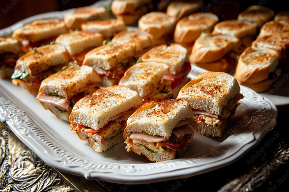 Delicious mini paninis served at a buffet platter Delicious mini paninis served at a buffet platter