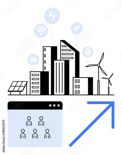 Modern city with solar panels, wind turbines, smart devices, and connectivity icons. Blue arrow signifies progress and growth. Ideal for technology, sustainability, urban planning, innovation green