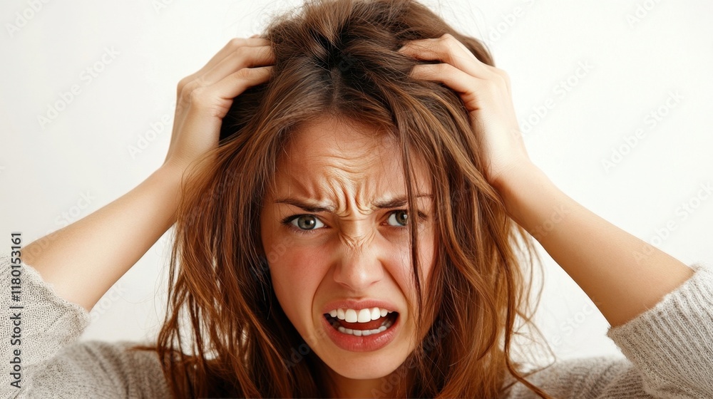 Desperate young girl with hands in her hair, emotional distress, teenage angst, overwhelmed or troubled Desperate young girl with hands in her hair, emotional distress, teenage angst, overwhelmed or troubled