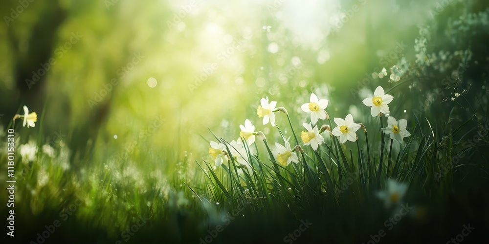 Fototapeta premium daffodils blooming in the grass, with sunlight shining through them. The background is blurred and green, creating an ethereal atmosphere. 