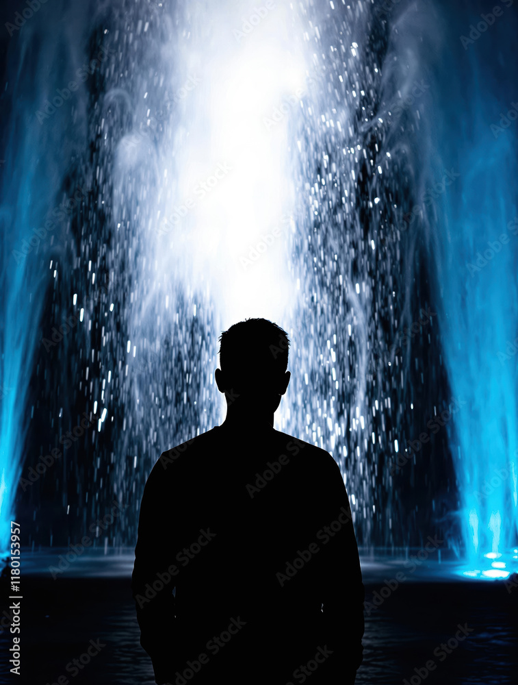 Obraz premium Minimalist Human Outline Confronting a Luminescent Waterfall Signifying Personal Solitude