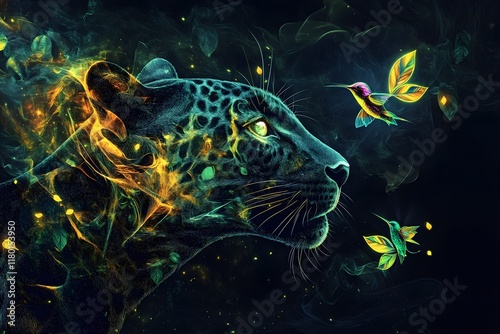 Panther Fusion Vibrant Rainforest Layers and Levitating Hummingbird Icons