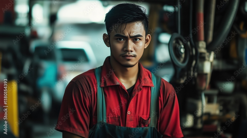 Fototapeta premium Portrait of a focused young asian mechanic working in the auto service