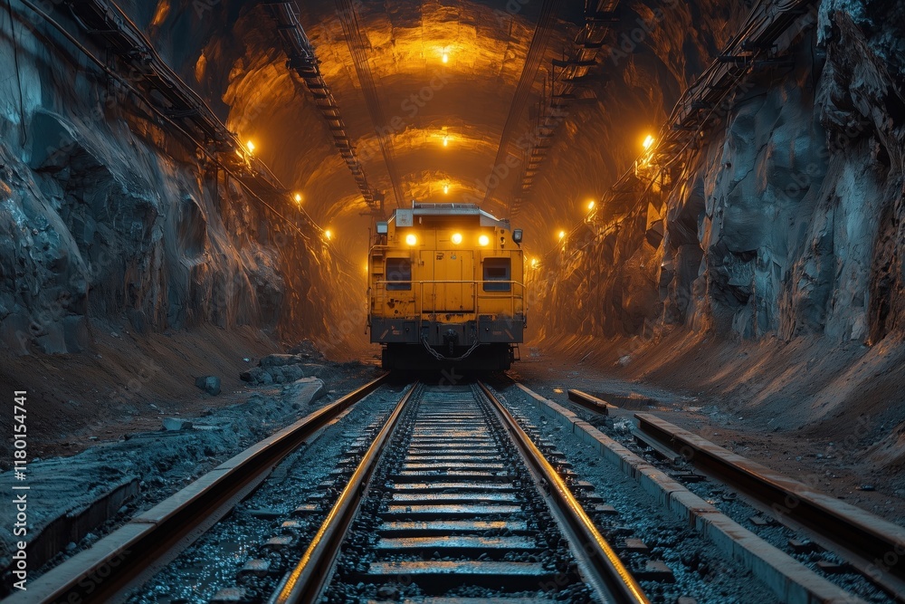 Naklejka premium Derelict coal mine shaft: yellow and black industrial machinery, cranes, and metal chains on tracks in dark underground tunnel