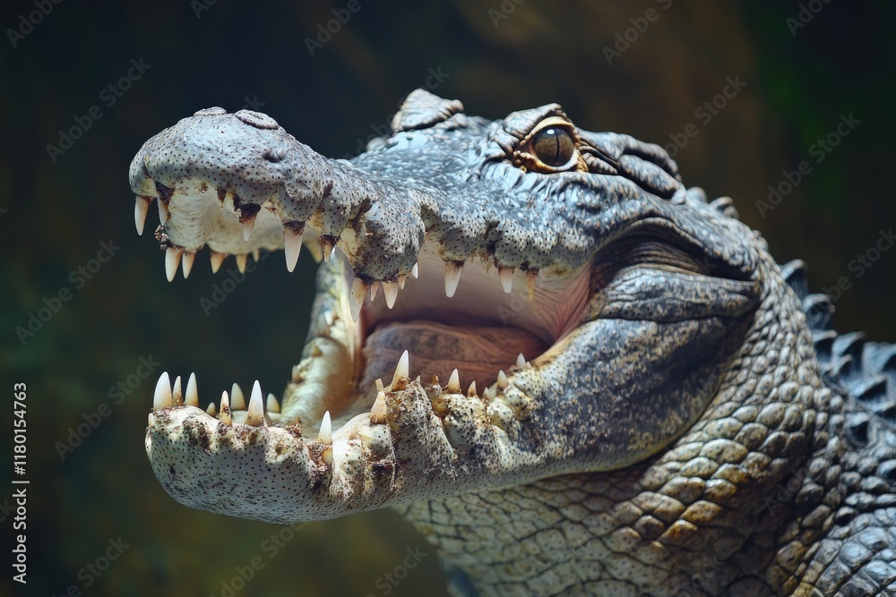 Obraz premium A close-up view of a crocodile's open mouth, suitable for images about reptiles, wildlife or predator-prey relationships