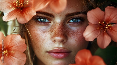 Freckles, flowers, and a summer glow.  Beautiful portrait of a young woman.