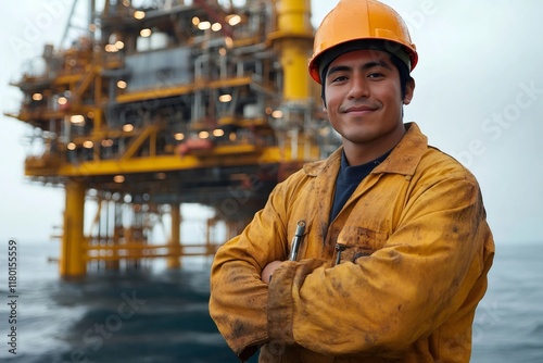 Offshore oil rig worker smiling with folded arms, proud and confident photo