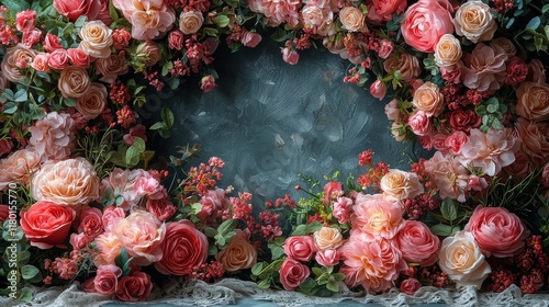 Wallpaper Mural Floral Frame: Delicate pink and peach roses bloom in a vibrant wreath, framing a rustic blue background with a soft, romantic glow.   Torontodigital.ca