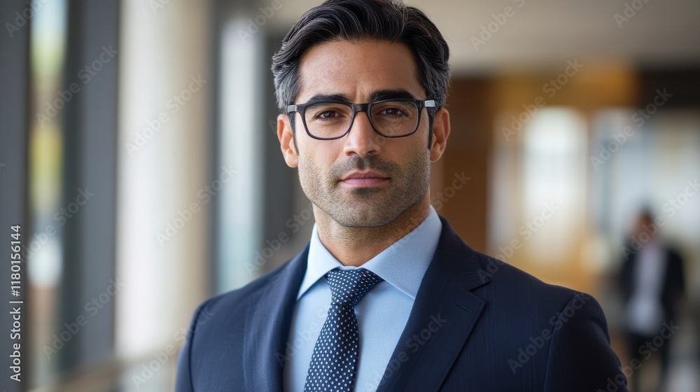 Fototapeta premium Confident businessman in suit with glasses in modern office hallway