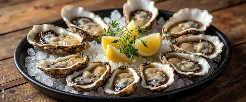 Freshly Shucked Oysters on Ice with Lemon Wedges and Garnish in a Rustic Setting Conveying a Gourmet Dining Experience Freshly Shucked Oysters on Ice with Lemon Wedges and Garnish in a Rustic Setting Conveying a Gourmet Dining Experience