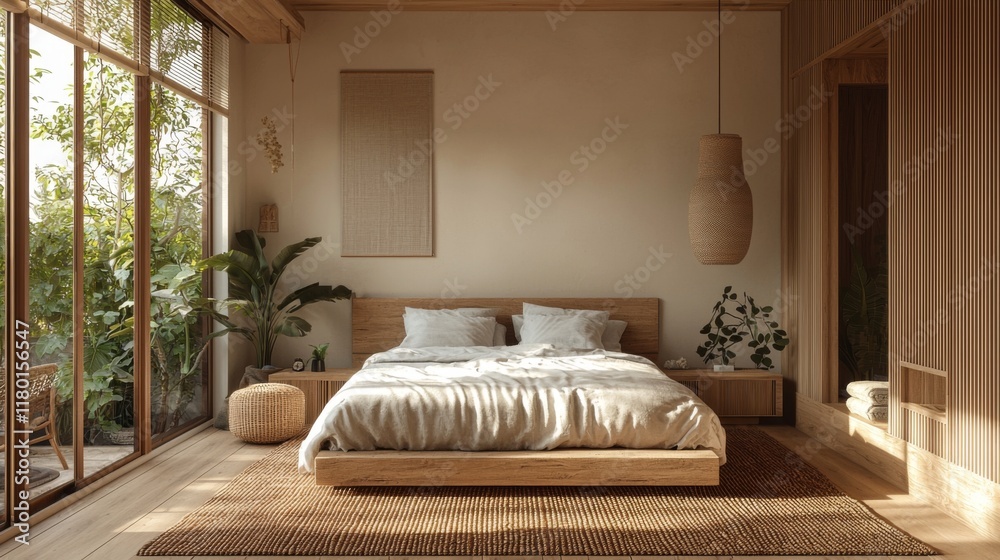 Fototapeta premium Minimalist Scandinavian bedroom with natural wood furniture in earth tones