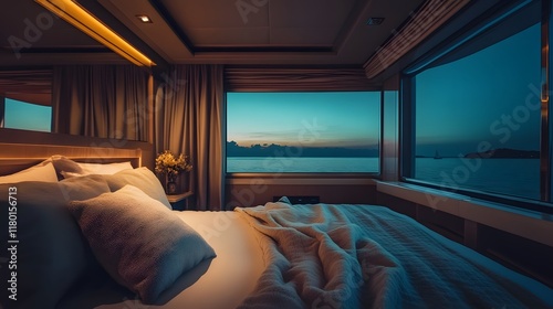 Wallpaper Mural Cozy Nighttime Yacht Anchored Near Tranquil Beach with Warm Interior Lighting Torontodigital.ca