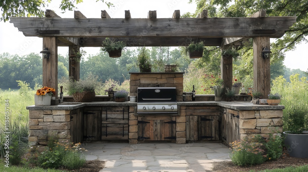 Outdoor kitchen featuring stone grill island and pergola with hanging plants Outdoor kitchen featuring stone grill island and pergola with hanging plants