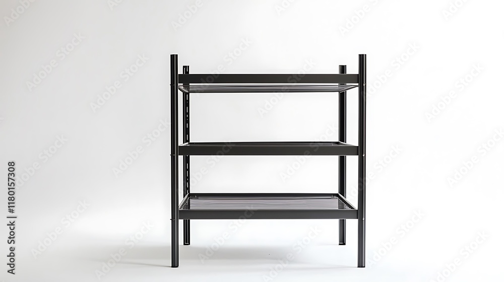 A black metal shelf with three shelves A black metal shelf with three shelves