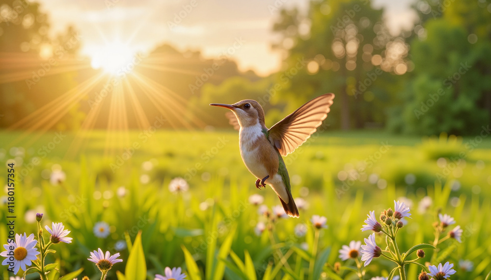 Fototapeta premium Hummingbird hovering over summer flowers in vibrant grassland, nature's beauty