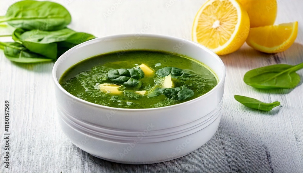 Spinach soup with spinach leaves and lemon slices in a white bowl on a white table