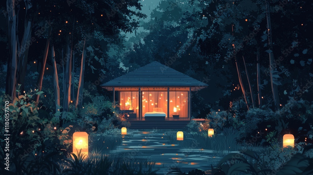 Obraz premium Peaceful forest retreat with openair bedroom and lanterns illustration