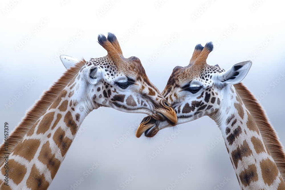 Fototapeta premium Two giraffes standing side by side, possibly in a zoo or wildlife setting