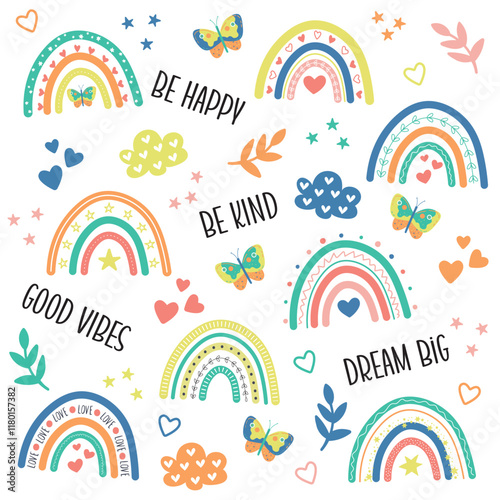 Cute hand-drawn colorful boho rainbow nursery seamless pattern background wallpaper. kids cartoon playful doodle digital paper backdrop
