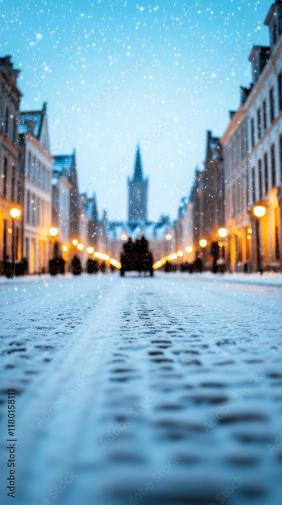 Fototapeta premium A charming winter square in Bruges Belgium with snow covered cobblestone streets historic buildings and horse drawn carriages under glowing holiday lights