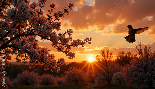 Hummingbird hovering near cherry blossoms at sunset, nature's beauty