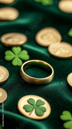 A classic St Patricks Day background with a close up of a golden claddagh ring resting on a green velvet cloth surrounded by shamrocks and gold coins  photo