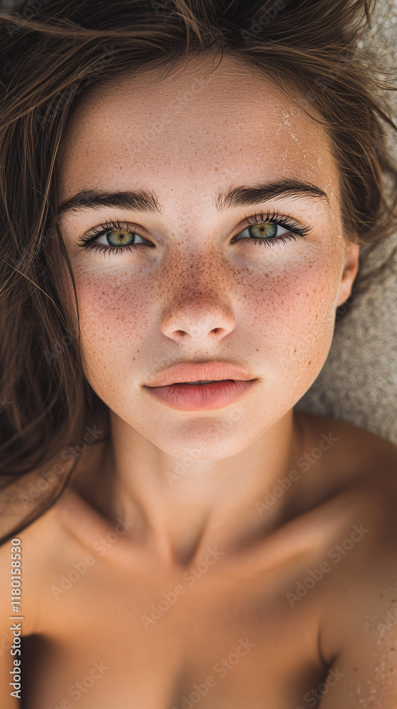 Sunlit Portrait of a Young Woman Relaxing on the Sand in a Bikini, Capturing Summer Beauty and a Serene Beach Atmosphere Sunlit Portrait of a Young Woman Relaxing on the Sand in a Bikini, Capturing Summer Beauty and a Serene Beach Atmosphere