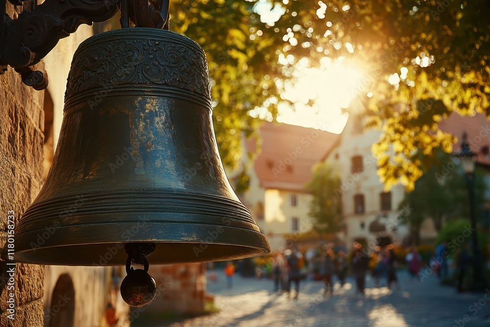 Obraz premium A large bell hanging from the ceiling of an outdoor street in summer, with people walking around and sunlight filtering through the trees. 