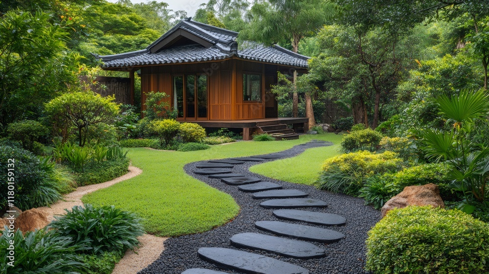 Winding stone path leading to traditional japanese house surrounded by lush green garden Winding stone path leading to traditional japanese house surrounded by lush green garden