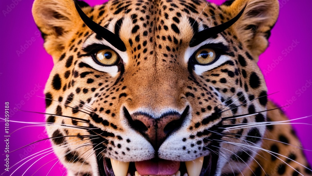 Obraz premium The image features a detailed close-up view of a jaguar's face, showcasing its yellow-brown fur with black rosettes, intense amber eyes, and a hint of its open mouth with visible teeth. The animal's