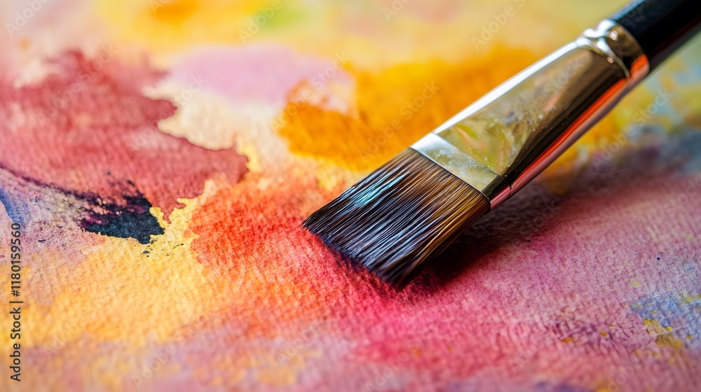 Obraz premium Paintbrush on Vibrant Watercolor Painting