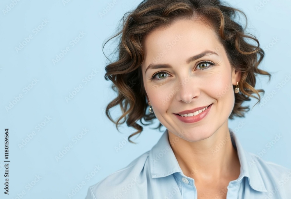 Woman with short brown hair, pale blue blouse, and calm expression Woman with short brown hair, pale blue blouse, and calm expression